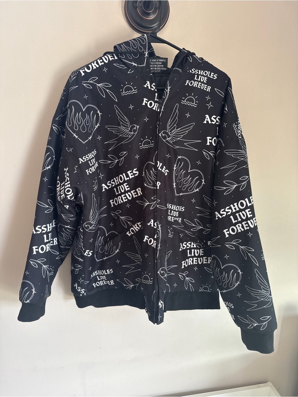 Assholes Live Forever All Over Print Zip Up jacket Black White Streetwear L